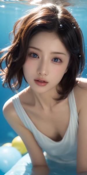 1girl, solo, looking at viewer, short hair, blue eyes, brown hair, black hair, collarbones, parted lips, water, lips, white chiffon, sunlight,colorful  bubbles, underwater, ((small bubbles)), red balloons,Korean,Japanese