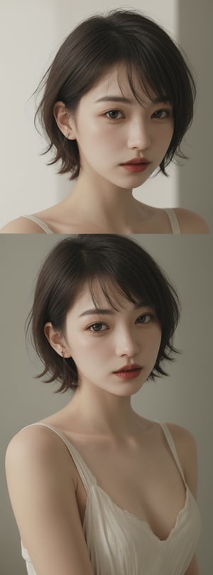 a beautiful girl 18 years, with silver short hair, messy hair, red lipstic, full lips,  soft lighting, detailed, more Flowing rhythm, elegant, low contrast,Korean,Japanese,perfect light