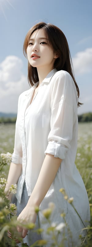 1girl, solo, long hair, brown hair, shirt, brown eyes, white shirt, flower, outdoors, sky, day, collared shirt, cloud, blurry, blue sky, lips, sunlight, white flower, realistic, sun, reaching towards viewer, field,korean,perfect light,yama