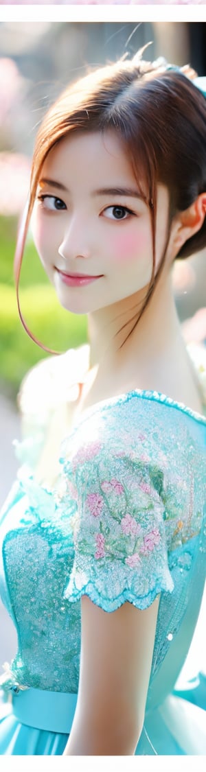 A 16-year-old Japanese beauty,in the sakura flowers.Turn slightly,iris purple dress,Beauty