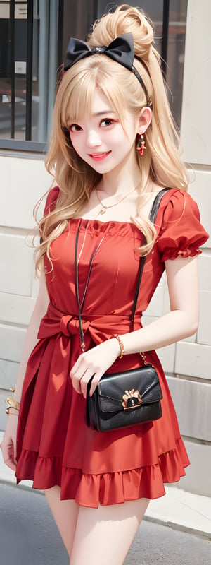 1girl,solo,grin, long blonde hair, black eyes,twin_buns,bow on head,frills, blushing, red Dress,necklace, earings,beaded bracelet, Crossbody bag:Channel, bow on waist,korean,perfect light, 