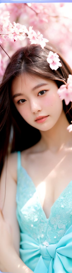 A 16-year-old Japanese beauty,in the sakura flowers.Turn slightly,iris purple dress,Beauty