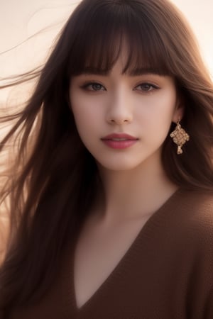 masterpiece, high quality, realistic aesthetic photo ,(HDR:1.4), pore and detailed, intricate detailed, graceful and beautiful textures, RAW photo, 16K, (bokeh:1.3), natural moon light, back lighting, Subsurface scattering, warm tone, (front from face shot), 25yo-japanese-1girl, beautiful face, (light-smile:1.1), beautiful black straight long hair, dull bangs, (hair blowing in the wind:1.2), (detailed beautiful dark-brown eyes:1.3), smooth skin, juicy lips, eye_shadow, small earing, dark-red sweater, (glare at camera:1.2), high detailed, ultra detailed, 9x16 aspect ratio, high resolution, world-class official images, impressive visual, perfect composition,1 girl,Realism, korean ,Beauty