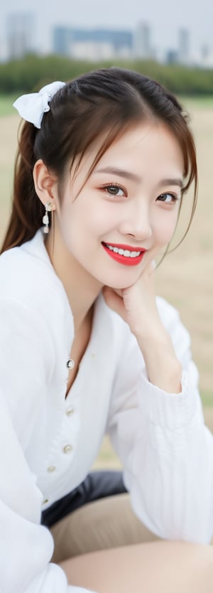 full body,a beautiful young girl, 10 years old,oval face, grin, red lips, detail lips, small earrings,intricate high quality details,city background , long ponytails, bow on head,golf suits, photorealistic,perfect light,Korean,Japanese,Beauty