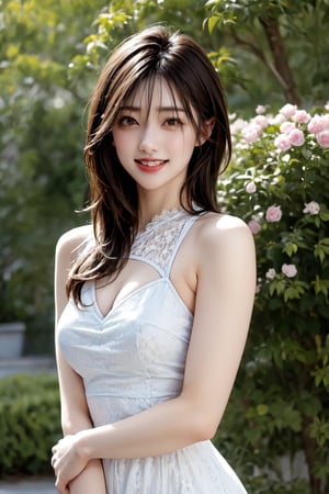 4k, best quality, masterpiece, 20yo 1girl, (lace dress, alluring smile), (Beautiful and detailed eyes), Detailed face, detailed eyes, double eyelids, thin face, real hands, muscular fit body, semi visible abs, ((short hair with long locks:1.2)), black hair, rose garden, happy smile, real person, color splash style photo, yama2