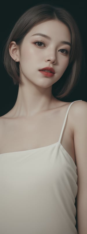a beautiful girl 18 years, with silver short hair, messy hair, red lipstic, full lips,  soft lighting, detailed, more Flowing rhythm, elegant, high contrast, Korean,Japanese,perfect light