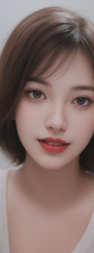a beautiful girl 18 years, with silver short hair, messy hair, GRIN,red lipstic, full lips, alluring, portrait by Charles Miano, pastel drawing, illustrative art, soft lighting, detailed, more Flowing rhythm, elegant, low contrast,Korean,Japanese,perfect light