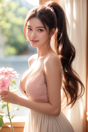 Portrait, 16 yo, beautiful girl, smile, very long hair, ponytail , looking at the viewer, white dress, dimples, looking relaxed in rim light, cleavage, heart hand duo, beautiful detailed eyes, ((nervous and embarrassed)), sharp-focus, full body shot,pink flower,flower, analog film photo, Kodachrome
