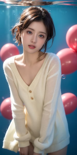 1girl, solo, looking at viewer, short hair, blue eyes, brown hair, black hair, collarbones, parted lips, water, lips, white sweater, sunlight, bubbles, underwater, ((small bubbles)), red balloons,Korean,Japanese