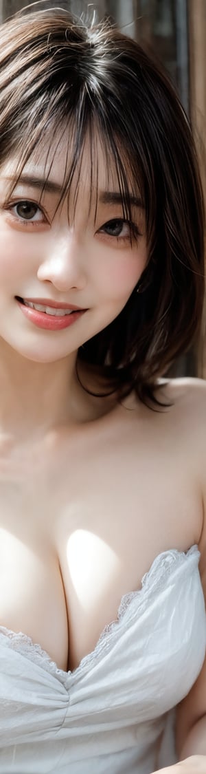 4k, best quality, masterpiece, 20yo 1girl, (lace dress, alluring smile), (Beautiful and detailed eyes), Detailed face, detailed eyes, double eyelids, thin face, real hands, muscular fit body, semi visible abs, ((short hair with long locks:1.2)), black hair, rose garden, happy smile, real person, color splash style photo, yama2