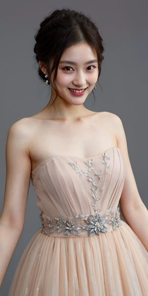 A stunning portrait of a Japanese idol with her hair styled in an elegant updo, smile, chiffon dress, showcases a mesmerizing crystal and silver entanglement above her waist. The high-definition image is a masterpiece, featuring intricate textures and hyper-quality details that leap off the page. Every delicate texture is meticulously rendered, 