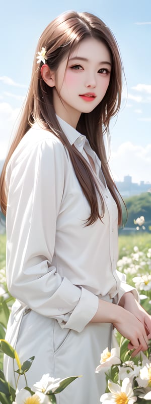 1girl, solo, long hair, brown hair, shirt, brown eyes, white shirt, flower, outdoors, sky, day, collared shirt, cloud, blurry, blue sky, lips, sunlight, white flower, realistic, sun, reaching towards viewer, field,korean,perfect light, 