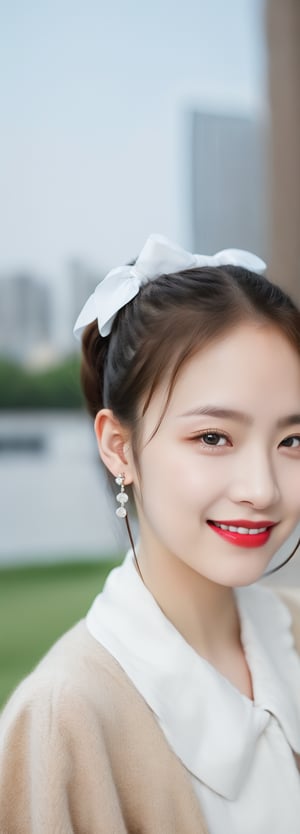 full body,a beautiful young girl, 10 years old,oval face, grin, red lips, detail lips, small earrings,intricate high quality details,city background , long ponytails, bow on head,golf suits, photorealistic,perfect light,Korean,Japanese,Beauty