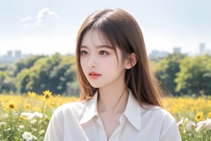 1girl, solo, long hair, brown hair, shirt, brown eyes, white shirt, flower, outdoors, sky, day, collared shirt, cloud, blurry, blue sky, lips, sunlight, white flower, realistic, sun, reaching towards viewer, field,korean,perfect light, 