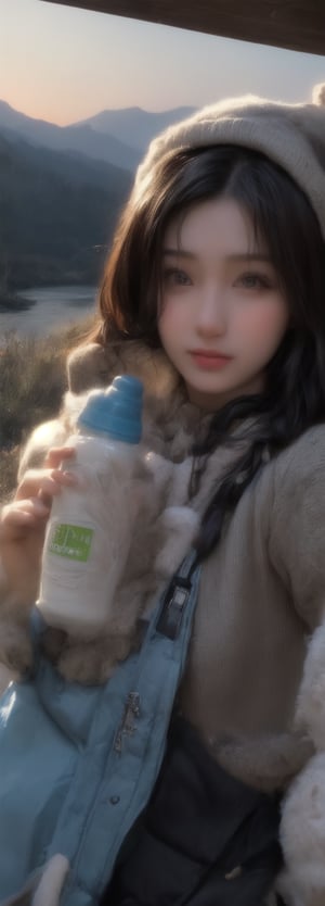 sexy lolita girl ((upper body selfie, happy)), masterpiece, best quality, ultra-detailed, solo, outdoors, (night), mountains, nature, (stars, moon) cheerful, happy, backpack, sleeping bag, camping stove, water bottle, mountain boots, gloves, sweater, hat, flashlight, forest, rocks, river, wood, smoke, shadows, contrast, clear sky, analog style (look at viewer:1.2) (skin texture) (film grain:1.3), (warm hue, warm tone:1.2), close up, cinematic light, sidelighting, ultra high res, best shadow, RAW, upper body, wearing pullover,Beauty,1girl