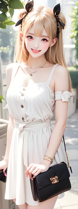 1girl,solo,grin, long blonde hair, black eyes,twin_buns,bow on head,frills, blushing, PURE WHITE Dress,necklace, earings,beaded bracelet, Crossbody bag:Channel, bow on waist,korean,perfect light, 