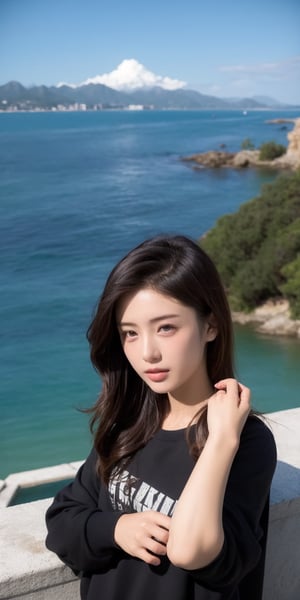 18-year-old girl, looking towards a place not visible to the viewer. José de la Cruz is wearing a black sweatshirt. Behind her there is a sea and small mountains. Hyperrealistic. Photorealistic. ,Korean,Japanese