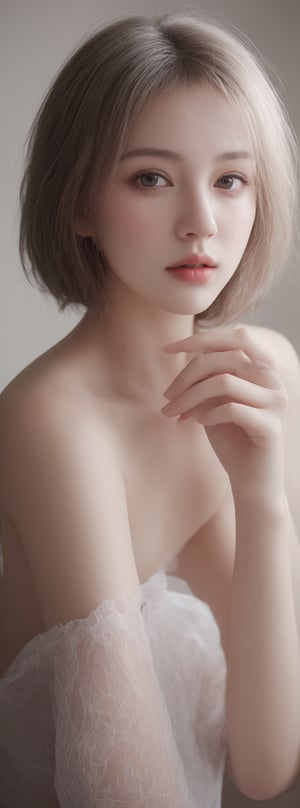 a beautiful girl 18 years, with silver short hair, messy hair, red lipstic, full lips, alluring, soft lighting, detailed, more Flowing rhythm, elegant, low contrast,Korean,Japanese,perfect light