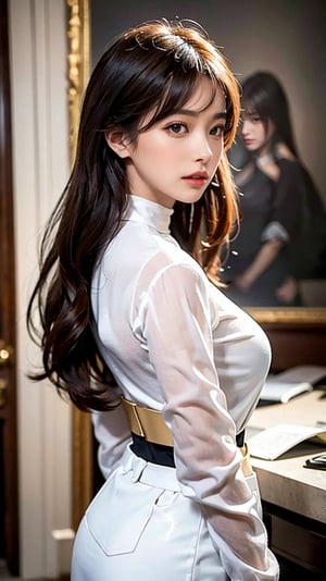 A photorealistic masterpiece of a young K-Pop idol, viewed from the front in a point-of-view shot. She wears a crisp white labcoat and a tight turtleneck, paired with a high-waisted skirt that accentuates her medium breasted figure. Her long, brown hair cascades down her back, framing her face and perfect hands. Each finger is intricately detailed, adding to the overall sense of realism. Her enchanting eyes, beautifully rendered in photorealistic detail, gaze directly at the viewer with a sultry intensity. A delicate choker adorns her neck, drawing attention to her porcelain skin. The background is meticulously detailed, creating a surrealistic atmosphere that complements her otherworldly beauty.,beauty,Korean