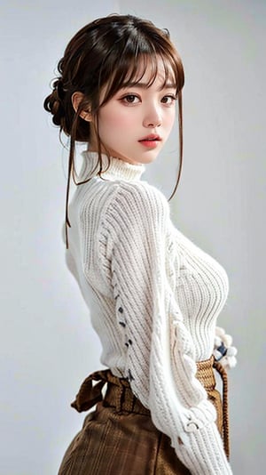A photorealistic masterpiece of a young K-Pop idol, viewed from the front in a point-of-view shot. She wears a crisp white labcoat and a tight turtleneck, paired with a high-waisted skirt that accentuates her medium breasted figure. Her long, brown hair cascades down her back, framing her face and perfect hands. Each finger is intricately detailed, adding to the overall sense of realism. Her enchanting eyes, beautifully rendered in photorealistic detail, gaze directly at the viewer with a sultry intensity. A delicate choker adorns her neck, drawing attention to her porcelain skin. The background is meticulously detailed, creating a surrealistic atmosphere that complements her otherworldly beauty.,beauty,Korean,idol,Japanese