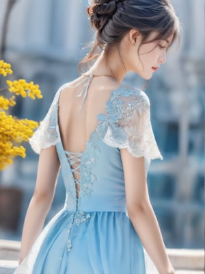 Pastel drawing of a Korean woman. She wears a necklace. She is wearing an translucent  low cut dress. mujer joven viendo la puesta del solviewed from behind 