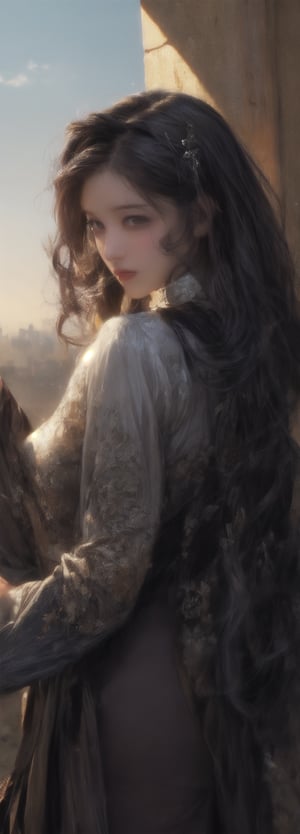 
A beautiful adventuress , gothic clotes standing on to of the tower overlooking a big city, detailed background, dark fantasy, comic illustration, masterpiece, realistic,Japanese,Korean