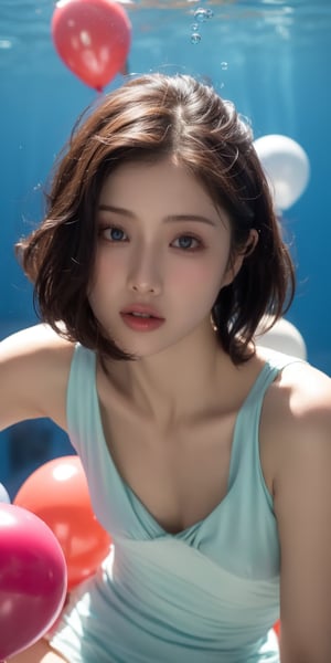 1girl, solo, looking at viewer, short hair, blue eyes, brown hair, black hair, collarbones, parted lips, water, lips, white chiffon, sunlight,colorful  bubbles, underwater, ((small bubbles)), red balloons,Korean,Japanese