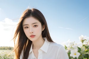 1girl, solo, long hair, brown hair, shirt, brown eyes, white shirt, flower, outdoors, sky, day, collared shirt, cloud, blurry, blue sky, lips, sunlight, white flower, realistic, sun, reaching towards viewer, field,korean,perfect light,Japanese