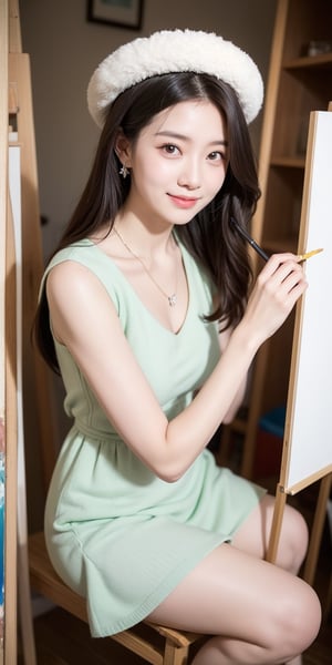 background is glassland,horizon,forest,easel,
18 yo, 1 girl, beautiful korean girl,sit on glassland, making a picture,painting,sit aside easel,holding a palette left hand,painting brush right hand,
happy smile,wearing lovely dress(princess),women hat(small),
solo, {beautiful and detailed eyes}, dark eyes, calm expression, delicate facial features, ((model pose)), Glamor body type, (dark hair:1.2),
simple tiny necklace,simple tiny earrings, flim grain, realhands, masterpiece, Best Quality, 16k, photorealistic, ultra-detailed, finely detailed, high resolution, perfect dynamic composition, beautiful detailed eyes, eye smile, ((nervous and embarrassed)), sharp-focus, full_body, cowboy_shot,,Korean,Japanese,perfect light