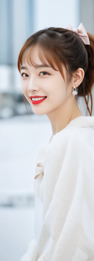 full body,a beautiful young doctor ,oval face, grin, red lips, detail lips, small earrings,intricate high quality details,city background , long ponytails, bow on head, photorealistic,perfect light,Korean,Japanese,Beauty