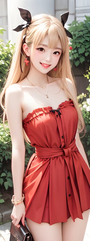 1girl,solo,grin, long blonde hair, black eyes,twin_buns,bow on head,frills, blushing, red Dress,necklace, earings,beaded bracelet, Crossbody bag:Channel, bow on waist,korean,perfect light, 