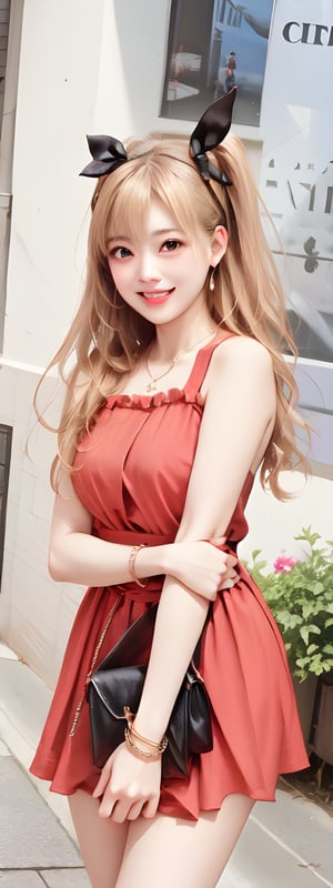 1girl,solo,grin, long blonde hair, black eyes,twin_buns,bow on head,frills, blushing, red Dress,necklace, earings,beaded bracelet, Crossbody bag:Channel, bow on waist,korean,perfect light, 