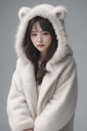 dark hair,  gray eyes,  freckles,  1girl,  white background,  fuzzy jacket,  open coat,  animal hood，Chinese, young woman
 ,