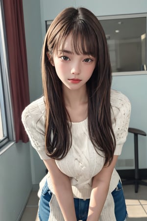 Realistic and high quality like a photo. Sharper image quality. Upshot.She is bending over and showing off her breast. A beautiful 18 year old Asian girl. She has very short curling hair. See-through bang.She wore 
nit sweater. Winking. She raises the corners of her mouth.,nanalorashy,masterpiece
