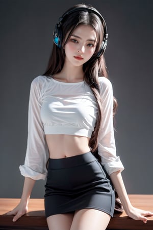 warm light room Beautiful woman with silver long hair against a grey background.over-the-ear headphones Smile, tight top, mini-skirt, cute Girl, NSFLW,