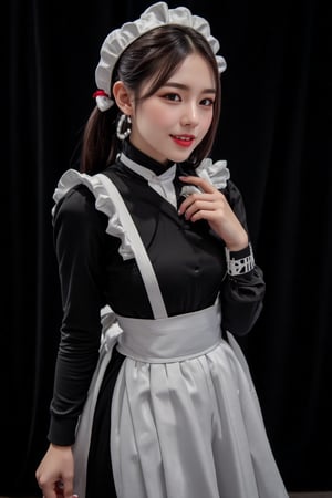 a youthful & stunning Japanese lady, dressed in a black and white maid outfit, adorned with a white bonnet on her head. Her beautiful face beams with a kind smile. Her cute ponytail hair cascades over her shoulders, adding a touch of warmth to her outfit. Her well-endowed physique and hourglass figure adds to her allure. The background is a solid black, creating a stark contrast to the her outfit. better pose,dynamic pose, masterpiece, high-definition, focused camera, cowboy shot, SFW, Safe for Work, 