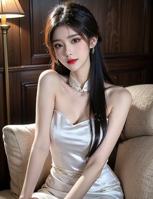 A stunningly gorgeous youthful girl with high details lies on a plush pillow amidst a sophisticated sofa setting. Her beautiful face is illuminated by soft lighting, accentuating her striking features: piercing eyes and alluring lips framed by long, straight black hair. She wears a breathtaking white cheongsam (四川丝绸) Qipao dress, exuding an air of playful seduction. A masterful play on angles captures her looking directly at the viewer, inviting us to revel in her captivating presence.