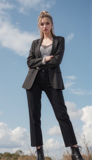 (A vintage-inspired beauty, dressed in a timeless yet edgy ensemble, poses confidently against a bright blue sky with wispy clouds.

The 'cool tomboy' vibe is elevated by a fitted blazer, high-waisted trousers, and sleek ankle boots.

Her silky hair is tied in a ponytailed updo, framing her striking features as she looks directly into the camera, exuding an air of CHIC sophistication, gothic-chic_style, Cowboy Shot, Low Camera Angle, SFW, Safe for Work, Bokeh,)