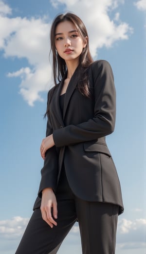 (A vintage-inspired beauty, dressed in a timeless yet edgy ensemble, poses confidently against a bright blue sky with wispy clouds.

The 'cool tomboy' vibe is elevated by a fitted blazer, high-waisted trousers, and sleek ankle boots.

Her silky ponytail hair is tied in a stylish updo, complimenting her striking features as she looks directly into the camera, exuding an air of CHIC sophistication, gothic-chic_style, Cowboy Shot, Low Camera Angle, SFW, Safe for Work, Bokeh,)