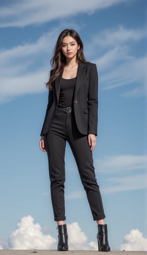 (A vintage-inspired beauty, dressed in a timeless yet edgy ensemble, poses confidently against a bright blue sky with wispy clouds.

The 'cool tomboy' vibe is elevated by a fitted blazer, high-waisted trousers, and sleek ankle boots.

Her silky hair is tied in a ponytailed updo, framing her striking features as she looks directly into the camera, exuding an air of CHIC sophistication, gothic-chic_style, Cowboy Shot, Low Camera Angle, SFW, Safe for Work, Bokeh,)