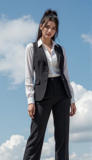 A vintage-inspired beauty, dressed in a timeless yet edgy ensemble, poses confidently against a bright blue sky with wispy clouds. The 'cool tomboy' vibe is elevated by a fitted blazer, high-waisted trousers, and sleek ankle boots. Her hair is tied in a ponytailed updo, framing her striking features as she looks directly into the camera, exuding an air of chic sophistication.,gothic-chic_style