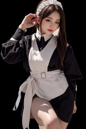 a youthful & stunning Japanese lady, dressed in a black and white maid outfit, adorned with a white bonnet on her head. Her beautiful face beams with a kind smile. Her cute ponytail hair cascades over her shoulders, adding a touch of warmth to her outfit. Her well-endowed physique and hourglass figure adds to her allure. The background is a solid black, creating a stark contrast to the her outfit. better pose,dynamic pose, masterpiece, high-definition, focused camera, cowboy shot, SFW, Safe for Work, 