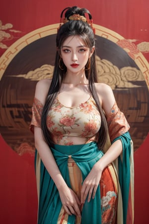 A 23-year-old Taiwanese beauty supermodel, cool and solo, with big natural breasts and long black hair, posing in a fashion model pose. Staring into the camera, the background is a soft Chinese color painting.