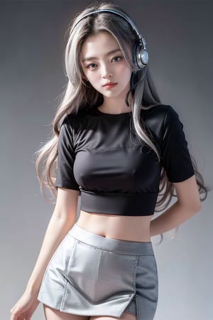 warm light room Beautiful woman with silver long hair against a grey background.over-the-ear headphones Smile, tight top, mini-skirt, cute Girl, NSFLW,