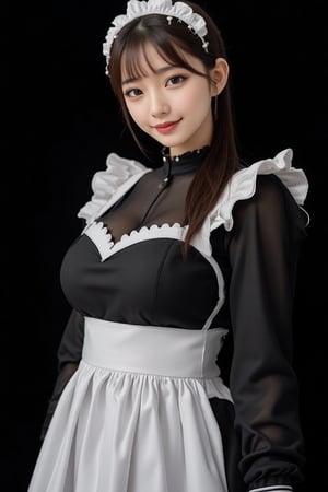 a youthful & stunning Japanese lady, dressed in a black and white maid outfit, adorned with a white bonnet on her head. Her beautiful face beams with a kind smile. Her cute ponytail hair cascades over her shoulders, adding a touch of warmth to her outfit. Her well-endowed physique and hourglass figure adds to her allure. The background is a solid black, creating a stark contrast to the her outfit. better pose,dynamic pose, masterpiece, high-definition, focused camera, cowboy shot, SFW, Safe for Work, 