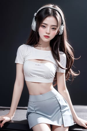 warm light room Beautiful woman with silver long hair against a grey background.over-the-ear headphones Smile, white thin tight top, thin mini-skirt, cute Girl, NSFLW, perfectl body anatomy 