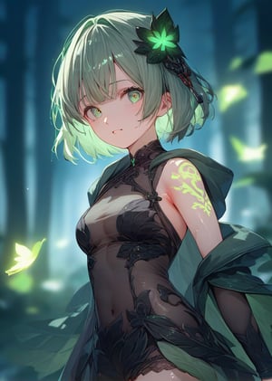 score_9, score_8_up, score_7_up, source_anime, BREAK, high_res, cowboy shot,
1girl, looking at viewer, green hair, green eyes, hair ornament,
glowing, glowing tattoo, gowing leaves, gowing flowers, gowing petal,
blurry background, blurry foreground, forest background,