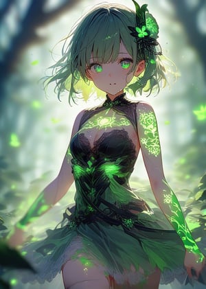 score_9, score_8_up, score_7_up, source_anime, BREAK, high_res, cowboy shot,
1girl, looking at viewer, green hair, green eyes, hair ornament,
glowing, glowing tattoo, gowing leaves, gowing flowers, gowing petal,
blurry background, blurry foreground, forest background,single_color_theme