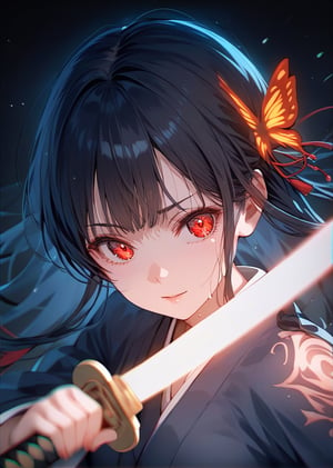 score_9, score_8_up, score_7_up, source_anime, BREAK, 1girl, high_res, face focus,
looking at viewer, black hair, red eyes, long hair, hair ornament, japanese clothes, katana, 
glowing, glowing sword, glowing weapon, holding weapon, tattoo, glowing tattoo, glowing water, glowing butterflies,
blurry background, blurry foreground, chromatic aberration,  depth of field, motion blur,
black background,  magic, a girl with a sword in her hand , glowing swirls surround the girl,