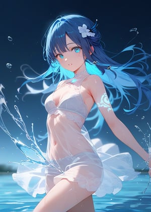 score_9, score_8_up, score_7_up, source_anime, BREAK, high_res, cowboy shot,
1girl, looking at viewer, blue hair, blue eyes, long hair, hair ornament, see_through,
glowing, tattoo, glowing tattoo, water, gowing water, splash,
blurry background, blurry foreground,
black background, water flows around the girl,